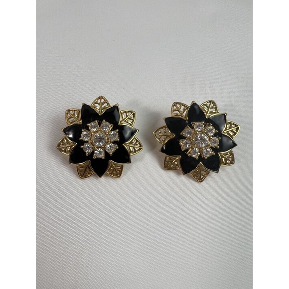 Vintage 90's Avon Gold Tone Black Floral Pierced Earrings‎ Rhinestones - Picture 1 of 9